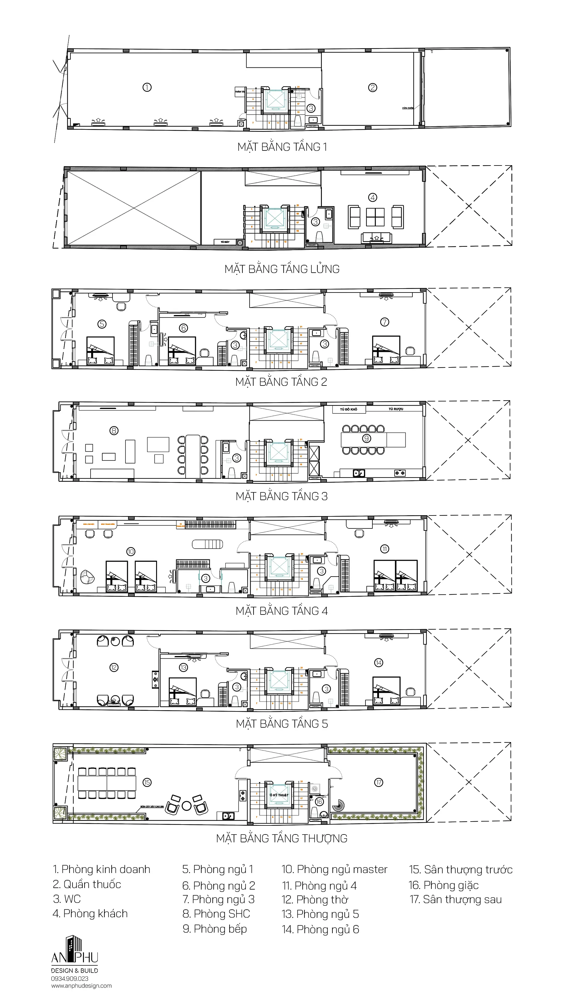 Mặt bằng bố trí công năng nhà phố 7 tầng D-HOUSE