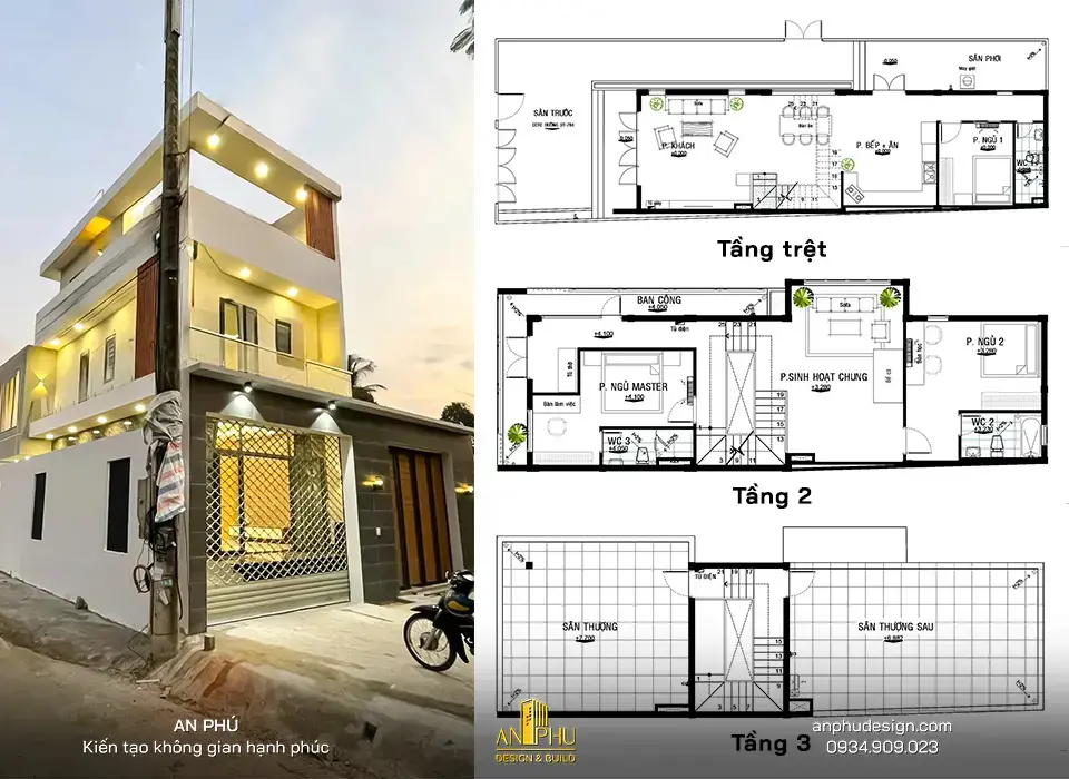 công trình nhà phố 2 tầng 1 tum hoàn thiện xây dựng thô