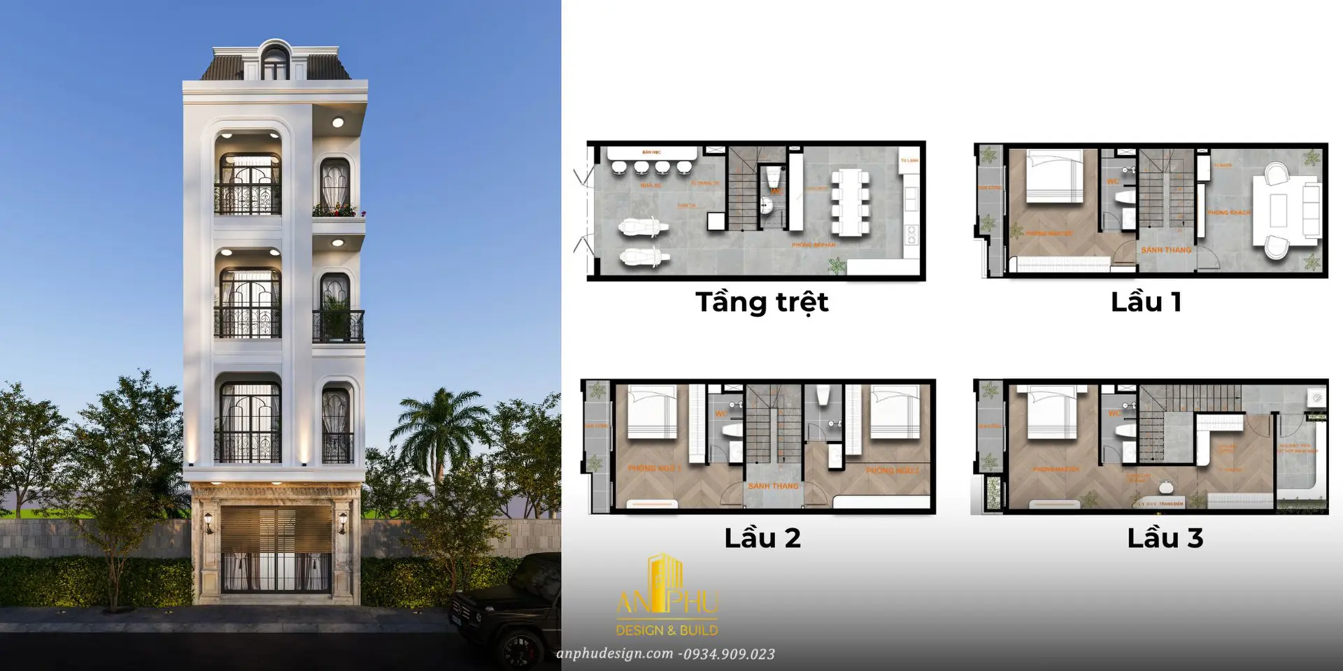 nhà 1 trệt 3 lầu đẹp tân cổ điển