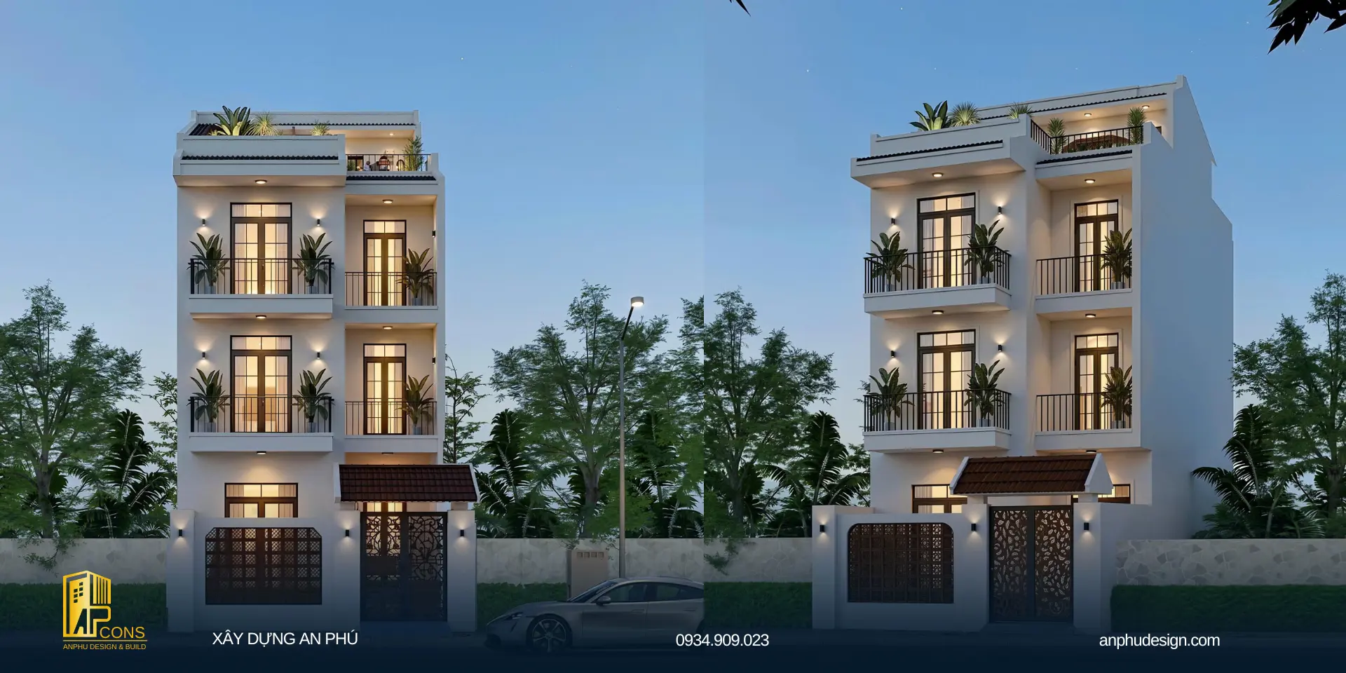 nhà phố 4 tầng hiện đại cổng lợp ngói